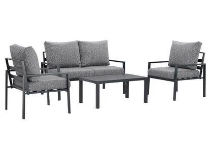 Grey patio conversation set with cushions, wicker frame, glass-top table, and modern design.