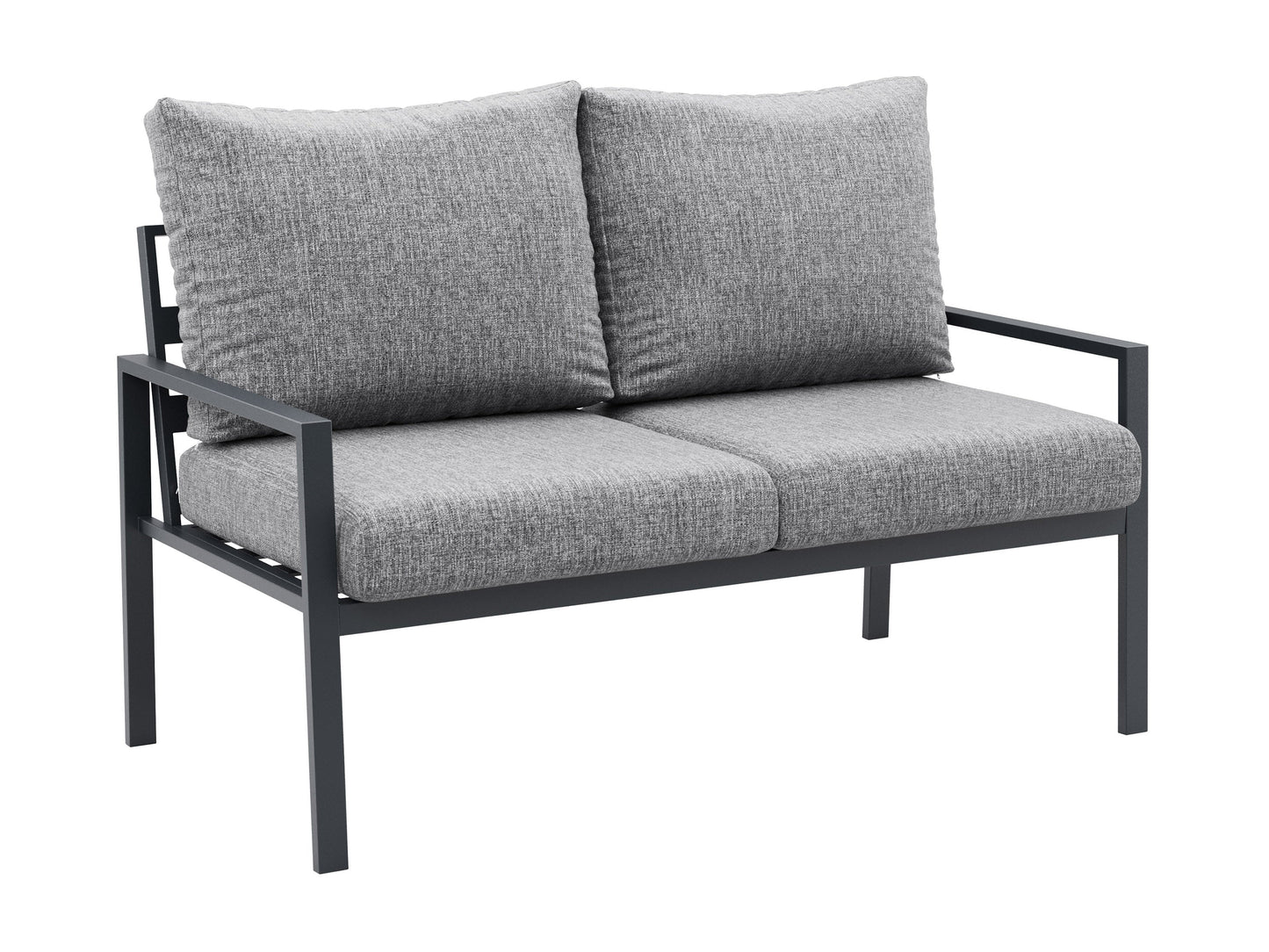 Deluxe grey 4-piece patio conversation set with cushioned seating, modern design, and durable metal frame.