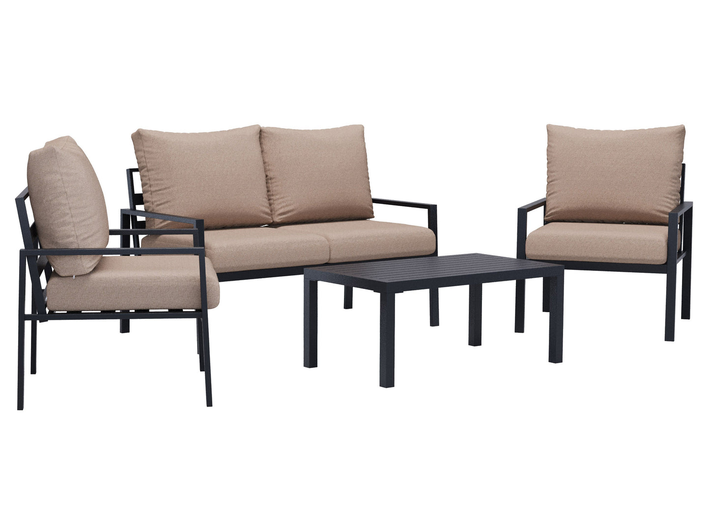 Deluxe beige 4-piece patio set with cushioned seating, glass-top coffee table, and sturdy metal frames for outdoor relaxation.