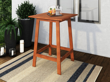 Brown outdoor pub table with slatted wooden top and black metal frame, perfect for patio or garden settings.