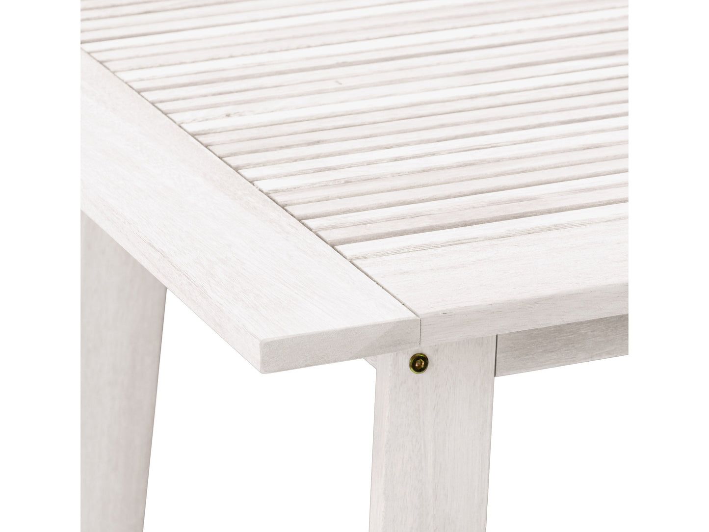 Washed white outdoor pub table with slatted top and sturdy wooden legs, perfect for patio or garden settings.