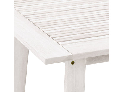 Washed white outdoor pub table with slatted top and sturdy wooden legs, perfect for patio or garden settings.