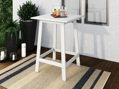 Washed white outdoor pub table with slatted top and sturdy wooden construction, perfect for patio dining and entertaining.