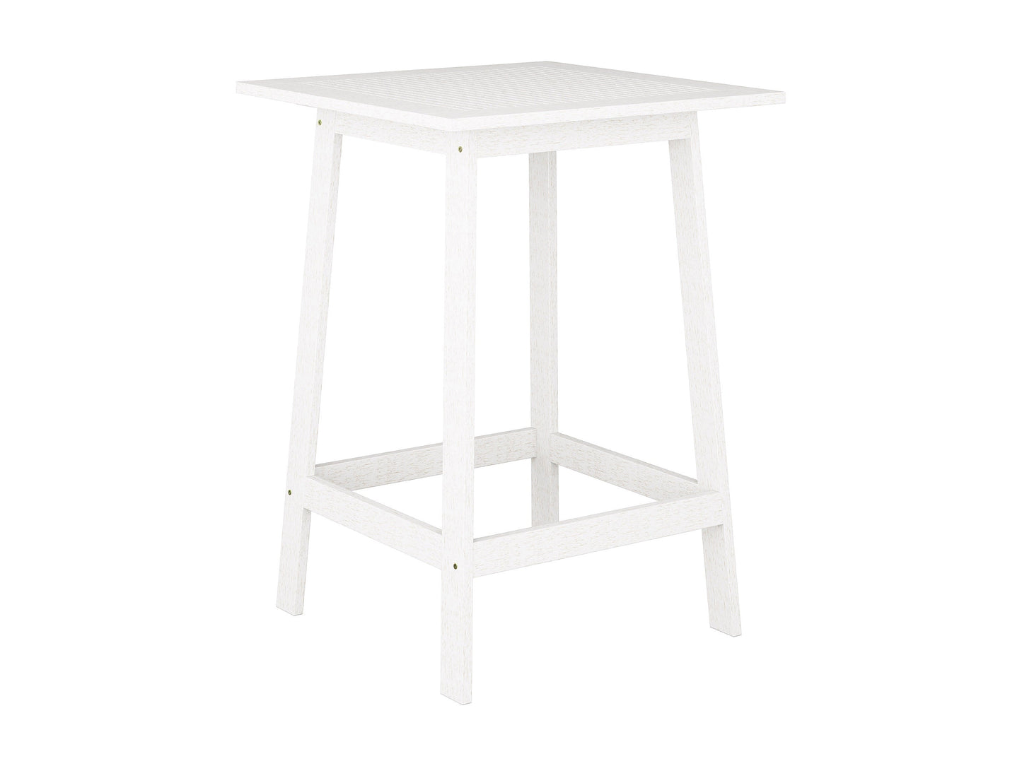 Washed white outdoor pub table with rustic finish, round top, and sturdy wooden legs.