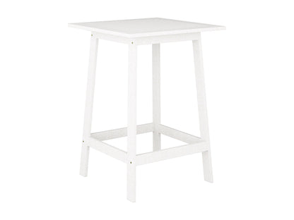 Washed white outdoor pub table with rustic finish, round top, and sturdy wooden legs.