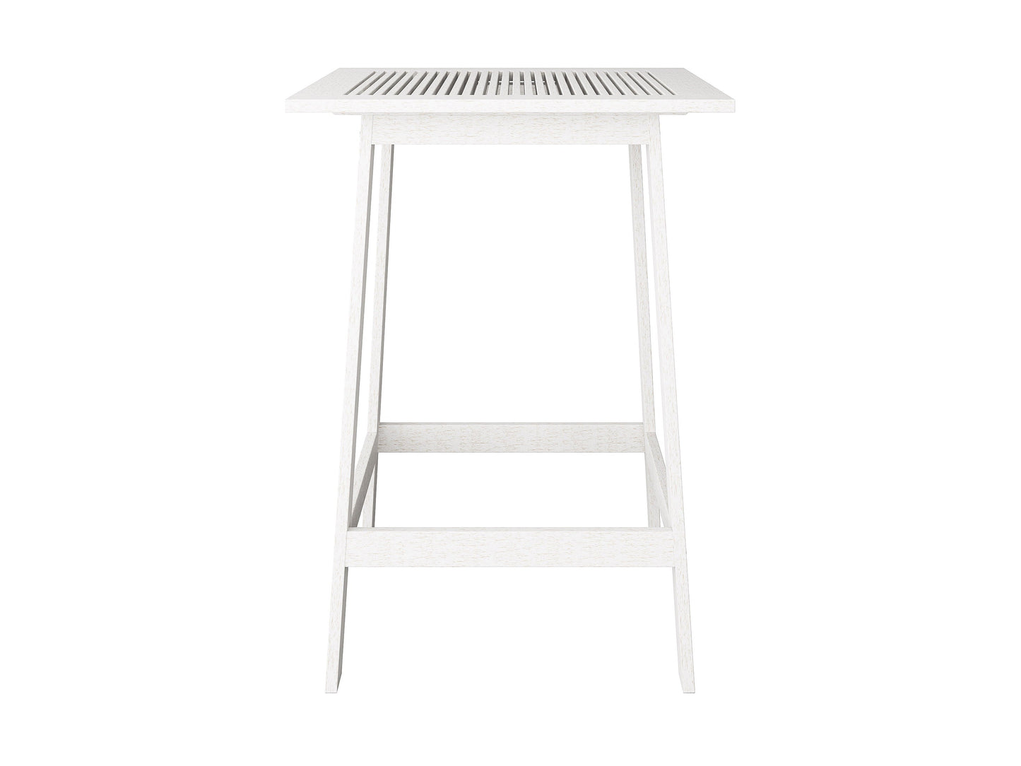 Washed white outdoor pub table with slatted top, sleek design, and sturdy legs for patio use.