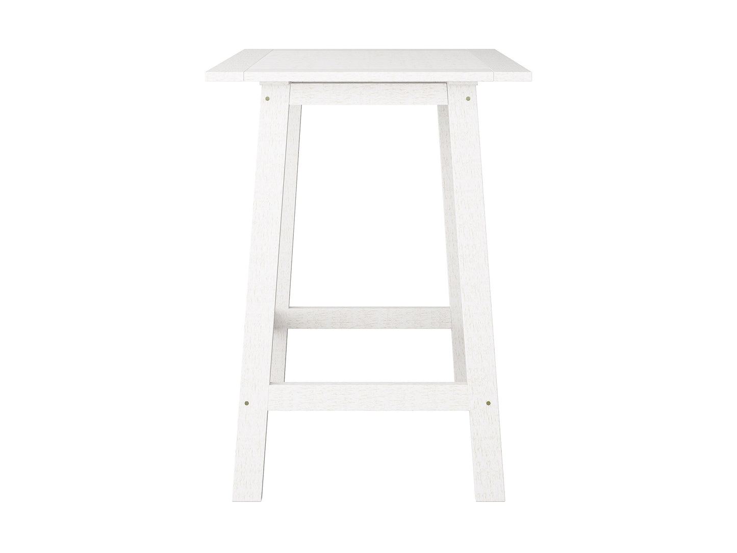 Washed white outdoor pub table, weather-resistant finish, sturdy design, perfect for patio or garden settings.