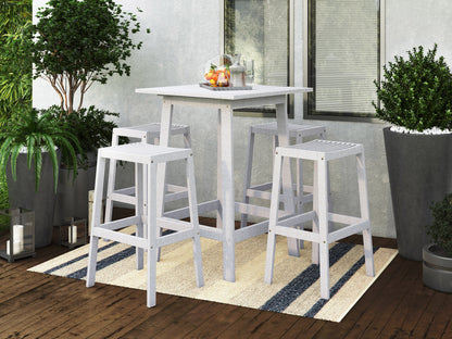 Washed white patio bar set with 5 pieces, including high stools and a rectangular table, perfect for outdoor entertaining.