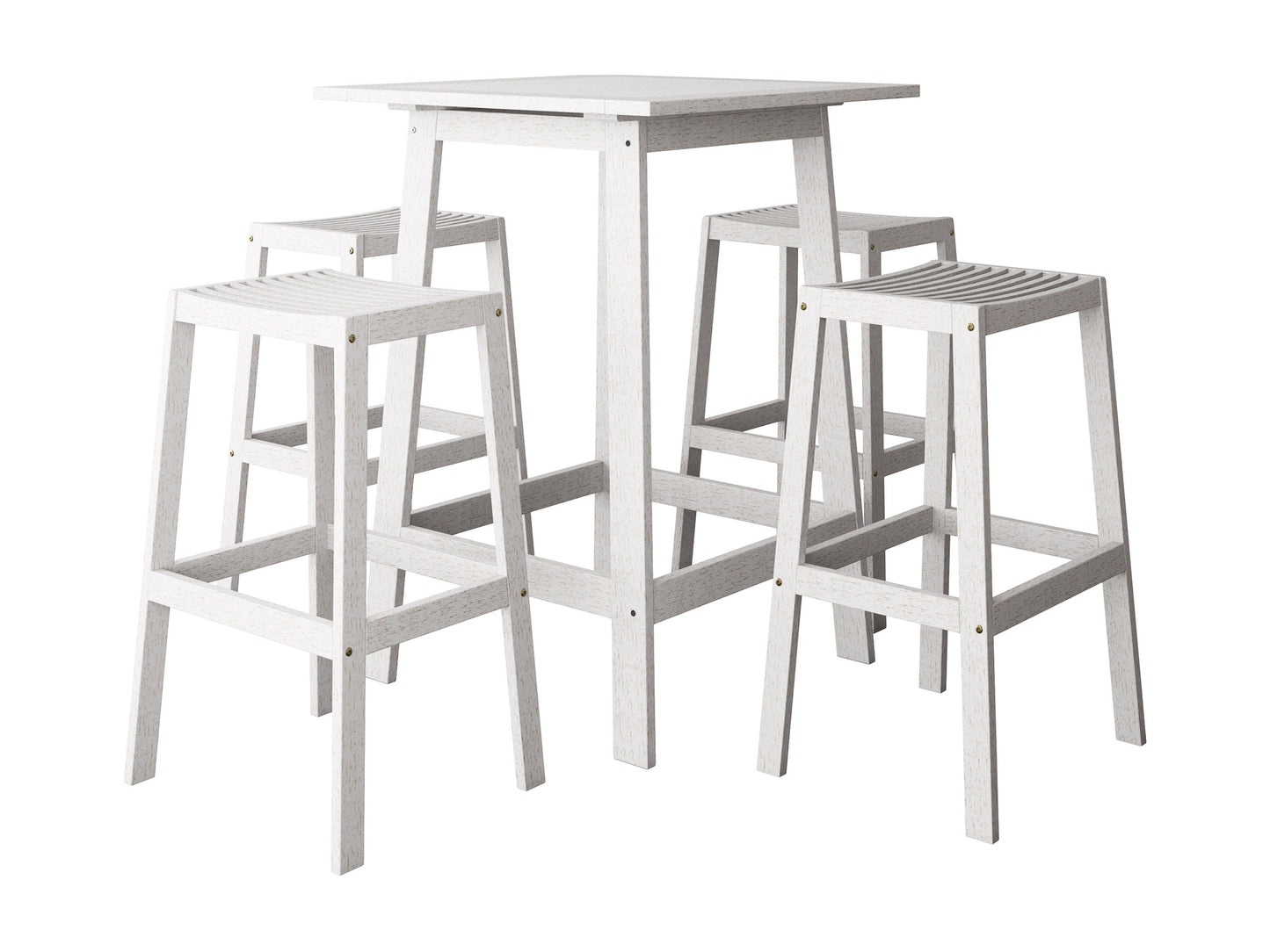 Washed white patio bar set, 5-piece with stools, wooden finish, and weather-resistant design.