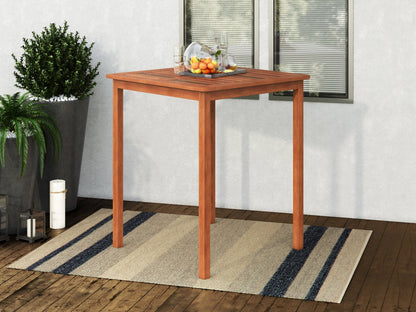 Outdoor brown bar height patio table with slatted top and sturdy metal frame.