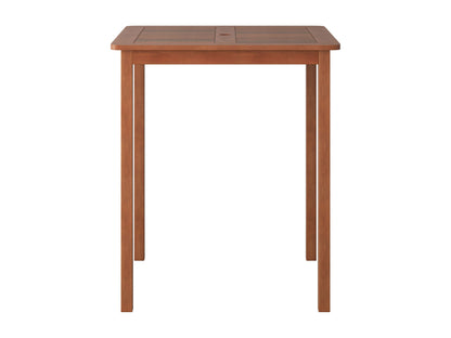 Brown outdoor bar height patio table with slatted top, sturdy metal frame, and weather-resistant finish.