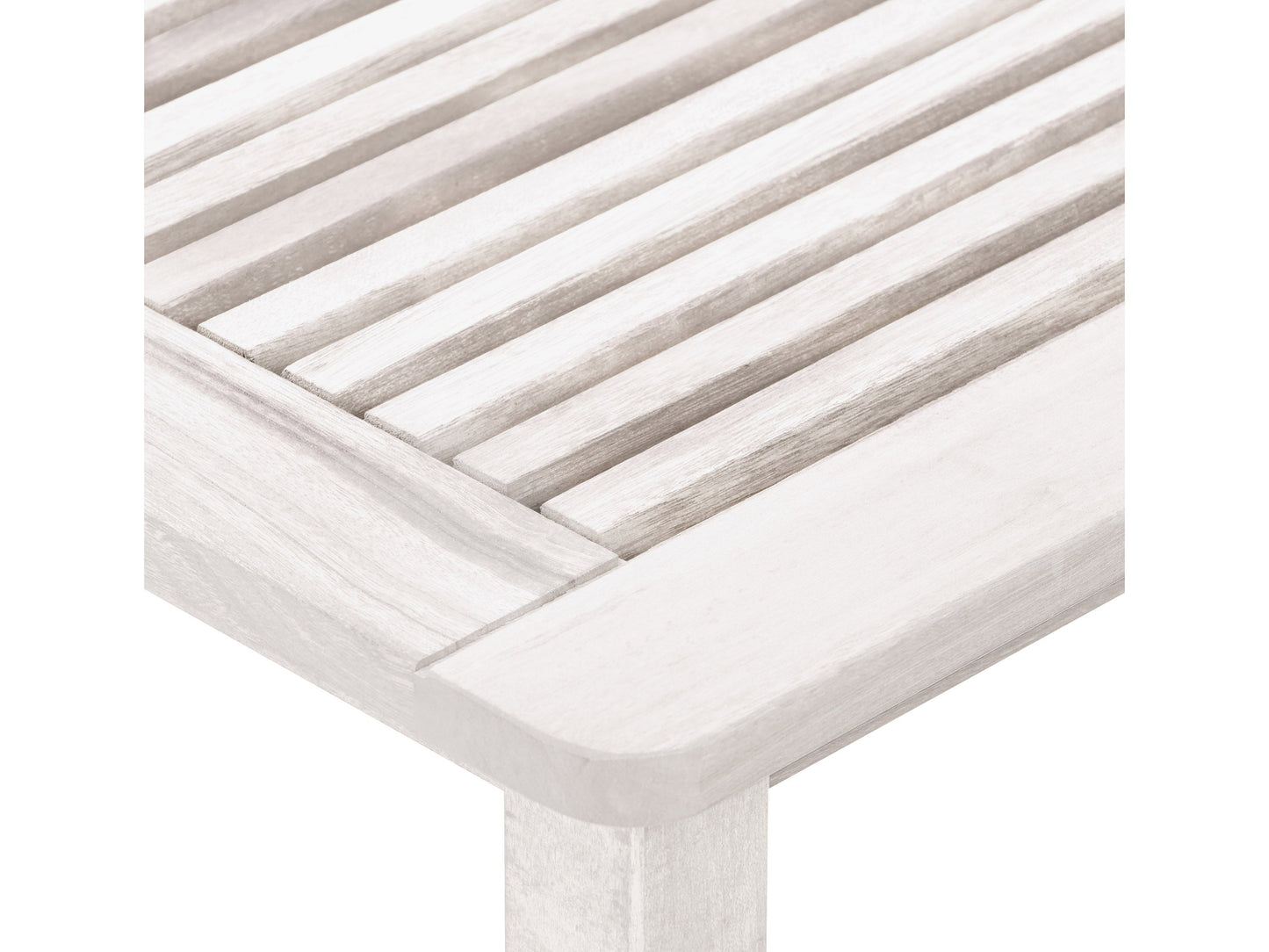 Hardwood outdoor side table in washed white finish with slatted top and sturdy legs, perfect for patio or garden use.