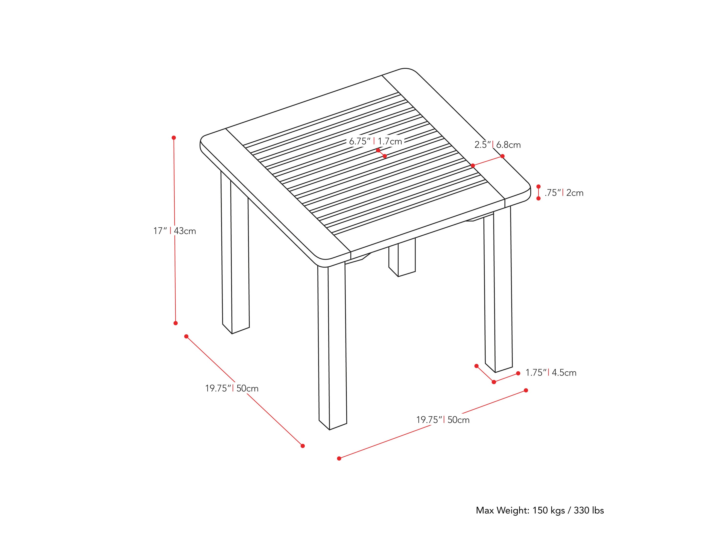 Washed white hardwood outdoor side table with slatted top and sturdy construction for patio or garden use.