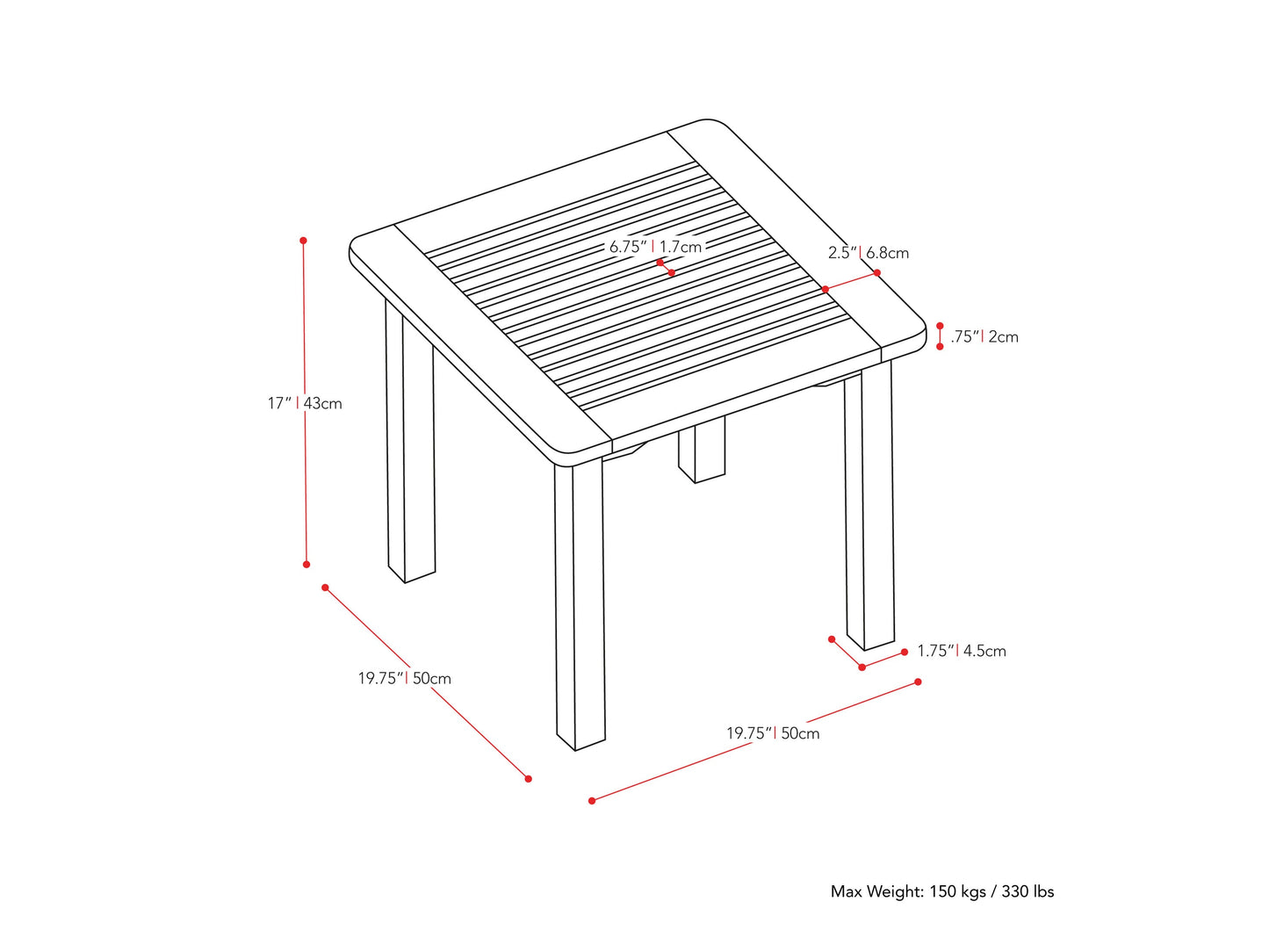 Washed white hardwood outdoor side table with slatted top and sturdy construction for patio or garden use.