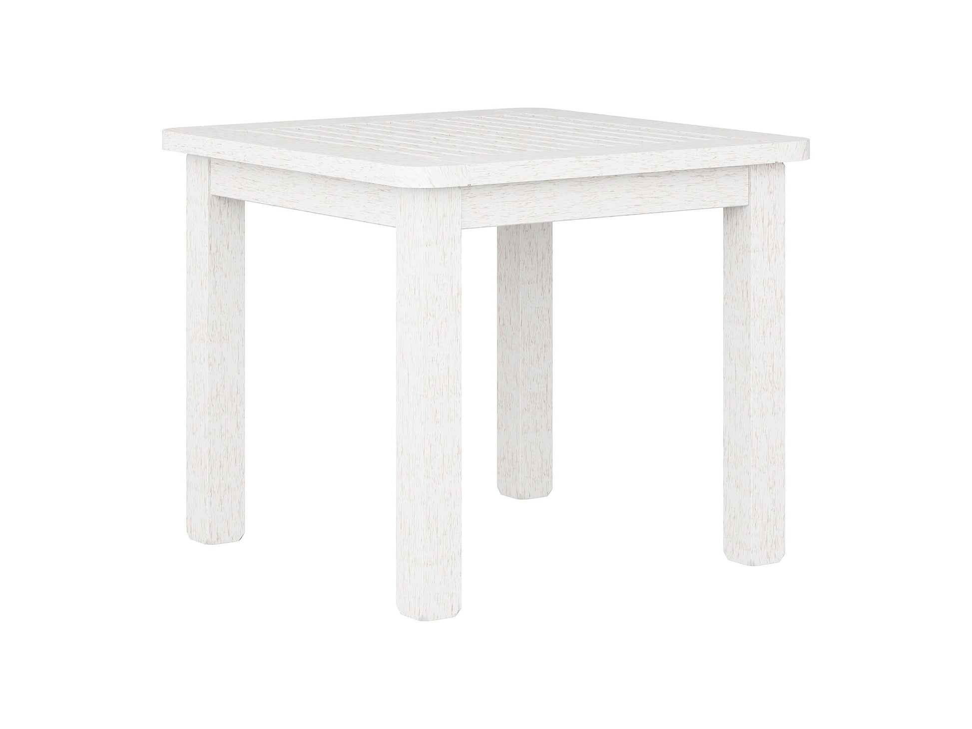 Hardwood outdoor side table in washed white finish with slatted top and sturdy legs, perfect for patio or garden use.