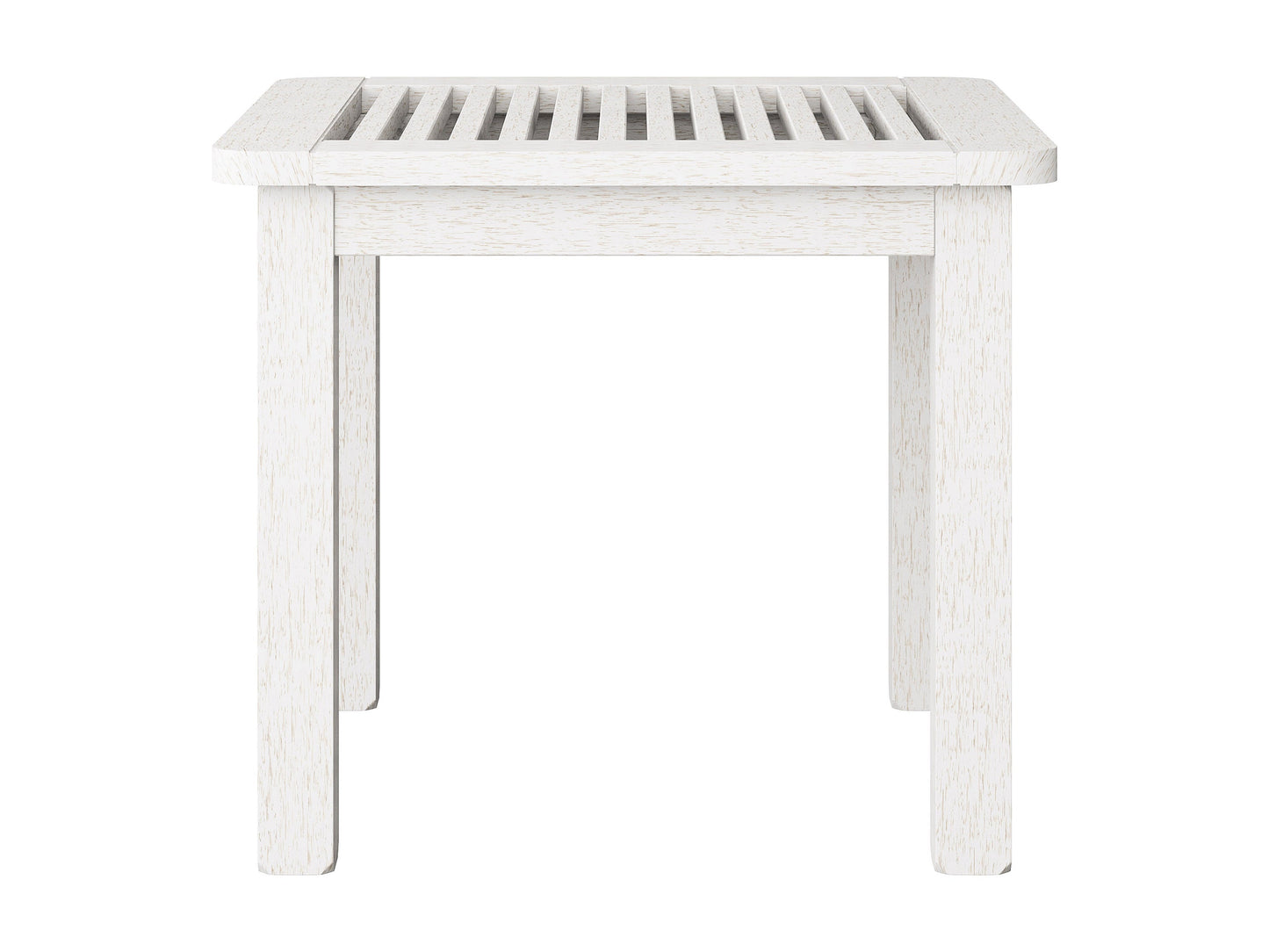 Washed white hardwood outdoor side table with slatted top and sturdy construction.