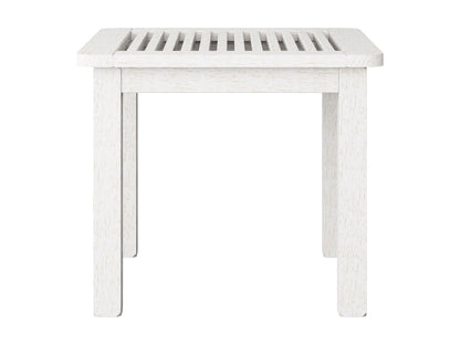 Washed white hardwood outdoor side table with slatted top and sturdy construction.