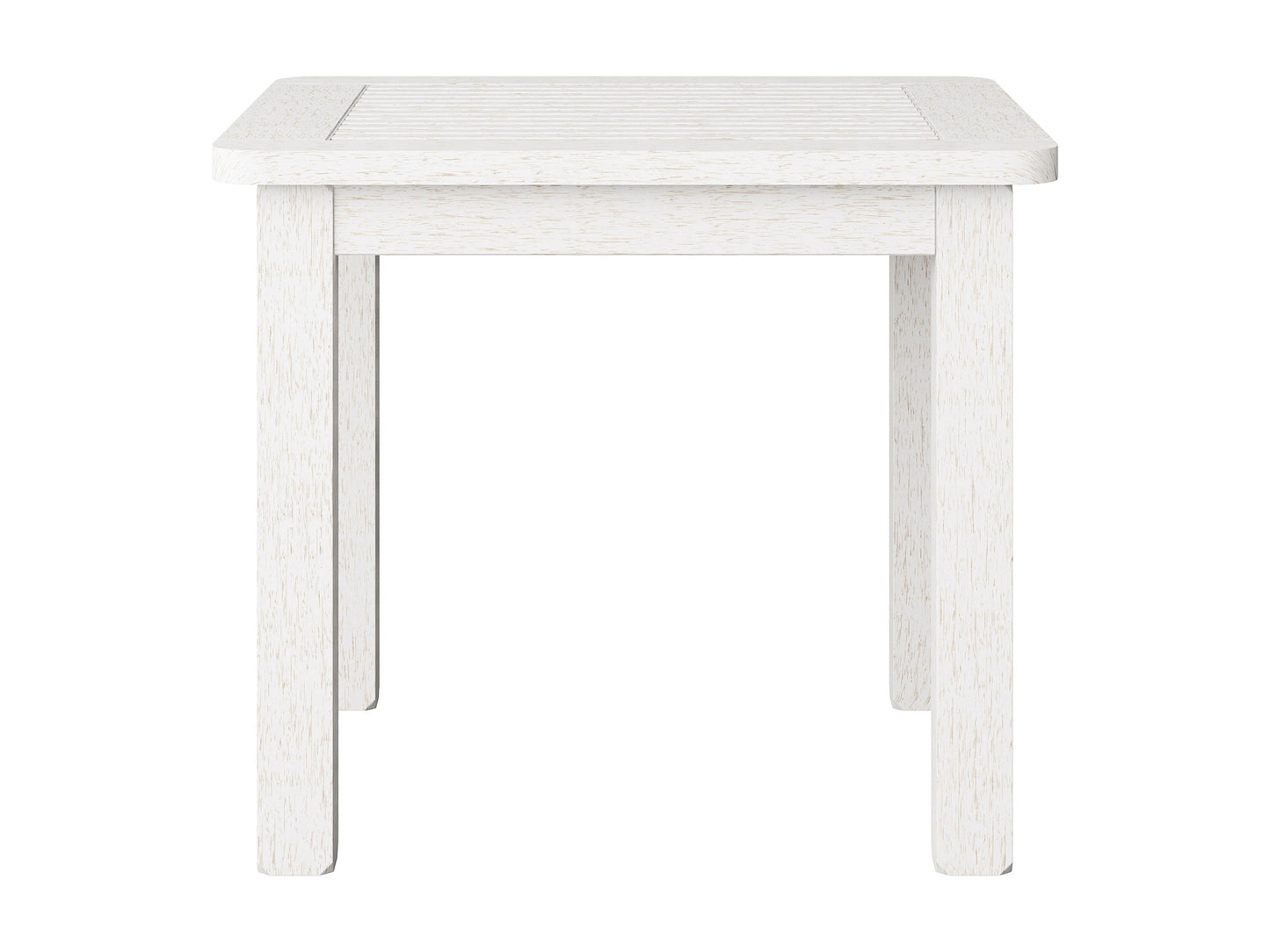 Washed white hardwood outdoor side table with slatted top and sturdy legs, perfect for patio or garden use.