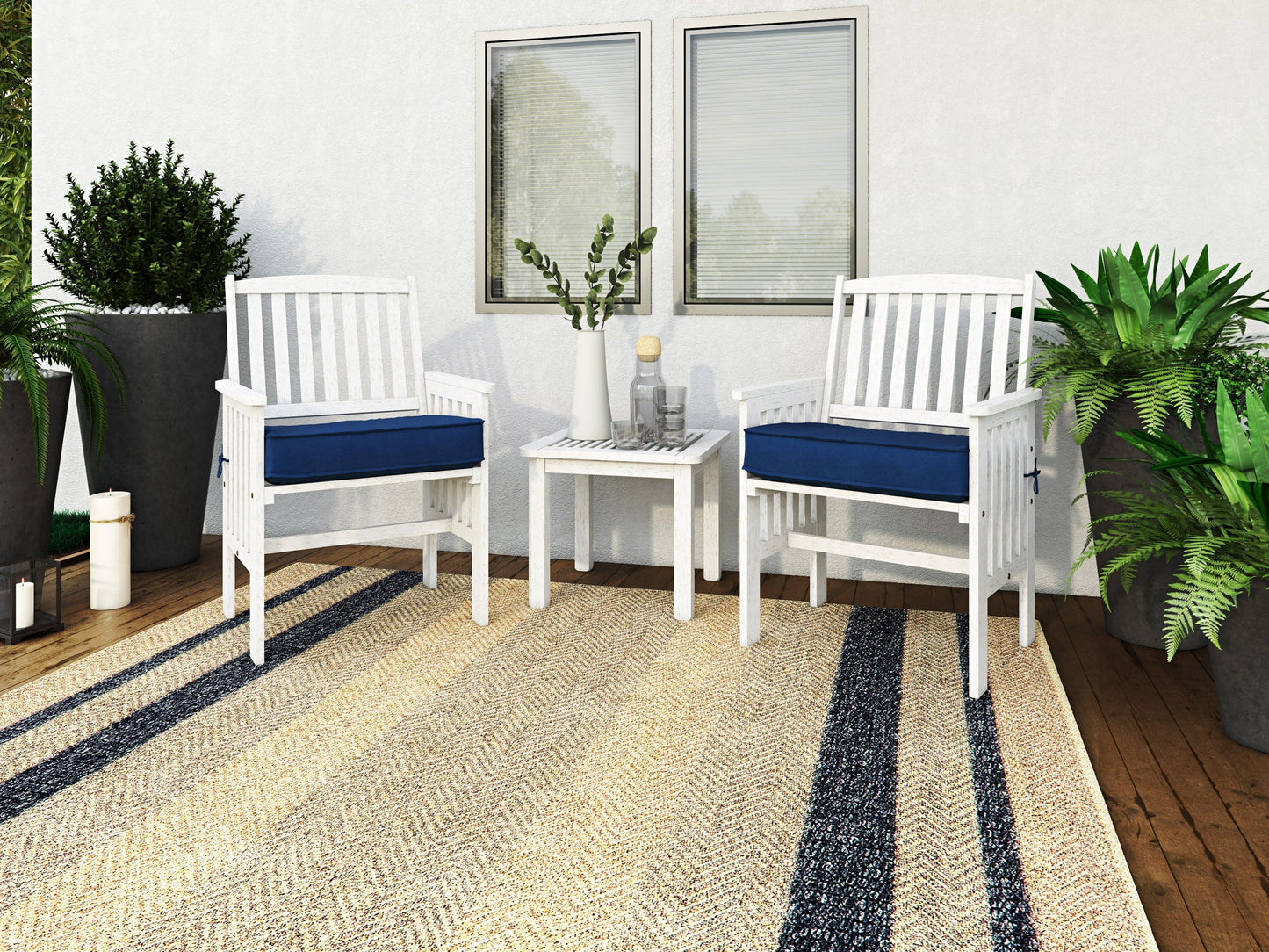 Washed white 3 piece patio conversation set with cushioned seats, wicker design, and glass-top coffee table.