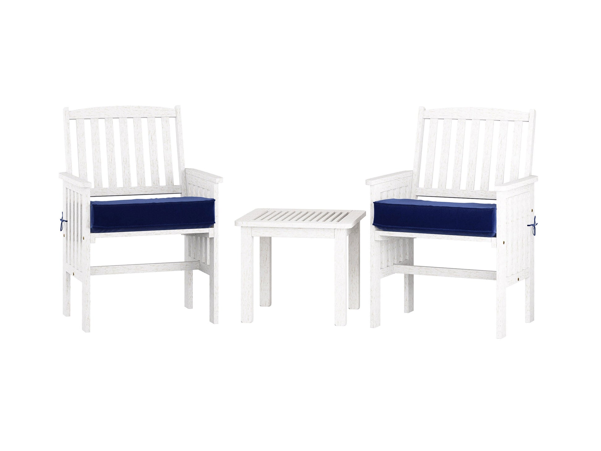 Washed white 3 piece patio conversation set with cushioned seats and wicker design, ideal for outdoor lounging.