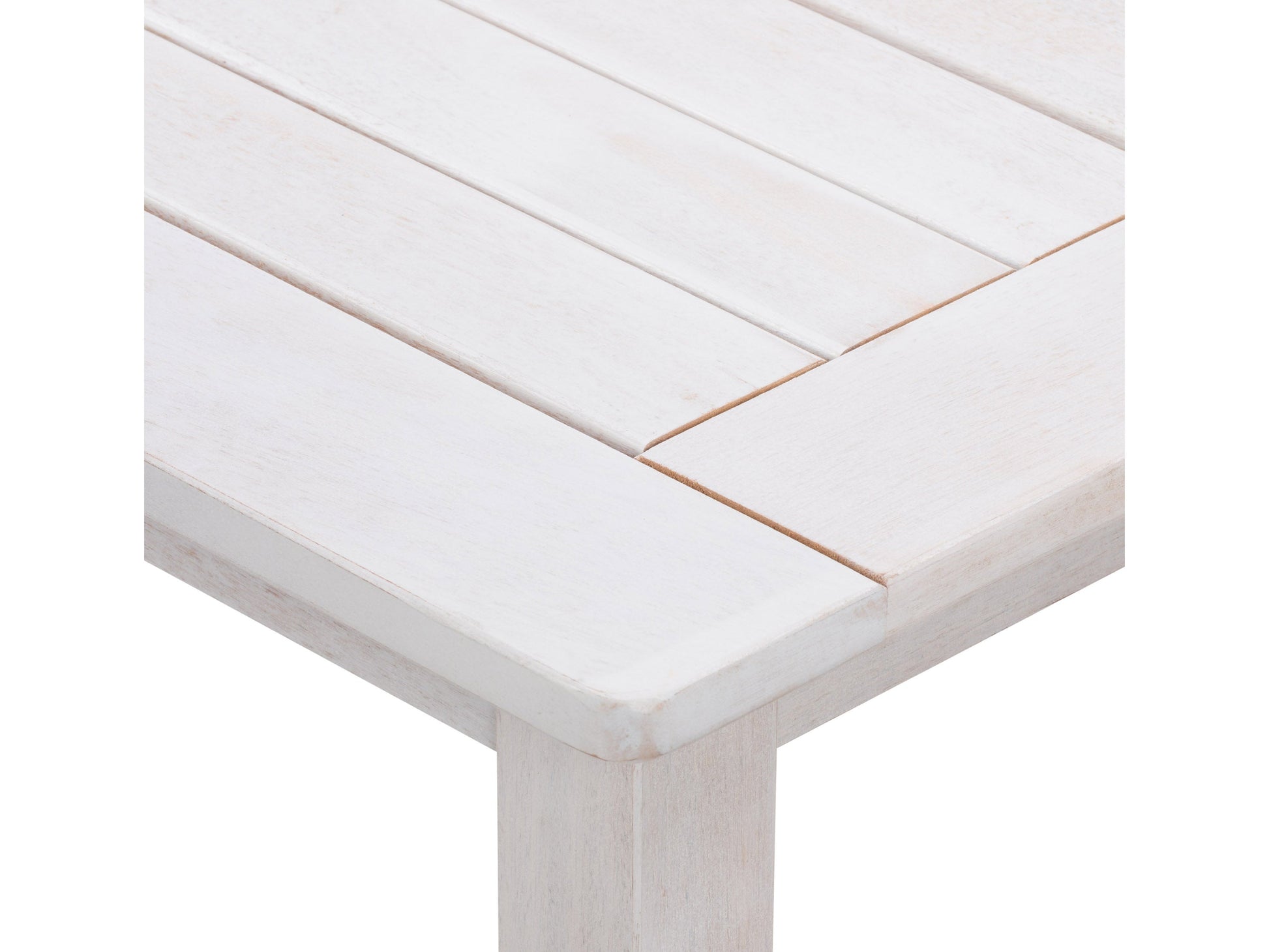 Washed white hardwood patio coffee table with slatted top and sturdy legs, perfect for outdoor spaces.