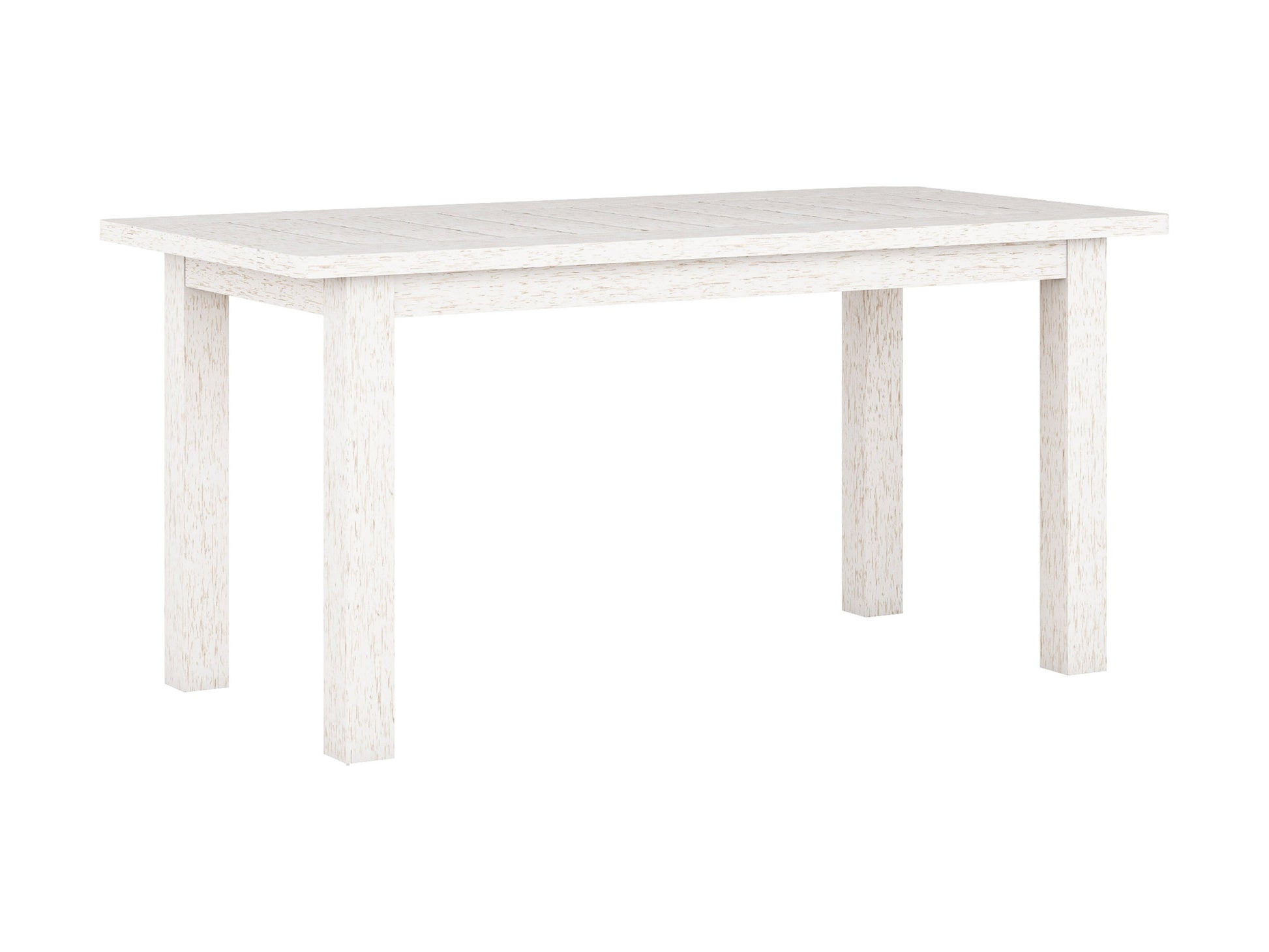 Washed white hardwood outdoor coffee table with slatted top and sturdy construction for patio use.