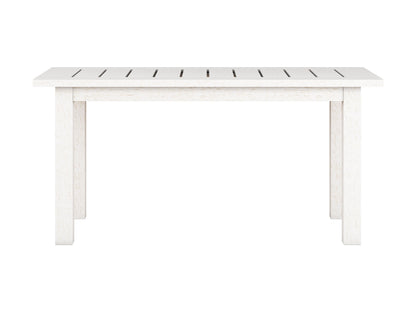 Washed white hardwood outdoor coffee table with slatted top and sturdy legs, perfect for patios and garden spaces.