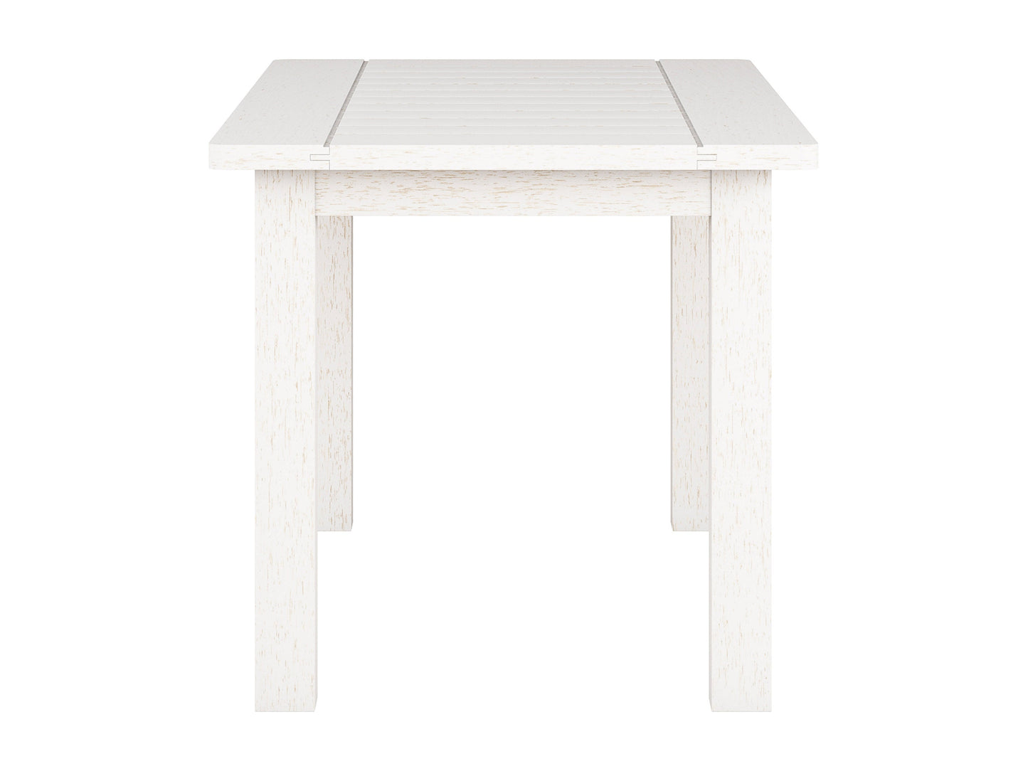 Washed white hardwood outdoor coffee table with slatted top and sturdy legs, perfect for patios and gardens.