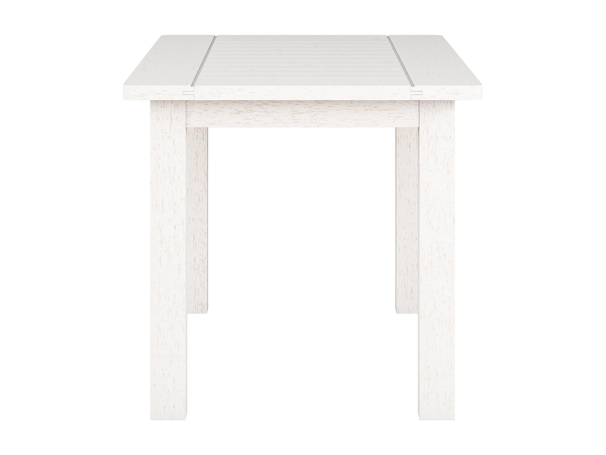 Washed white hardwood outdoor coffee table with slatted top and sturdy legs, perfect for patios and gardens.