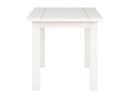 Washed white hardwood outdoor coffee table with slatted top and sturdy legs, perfect for patios and gardens.