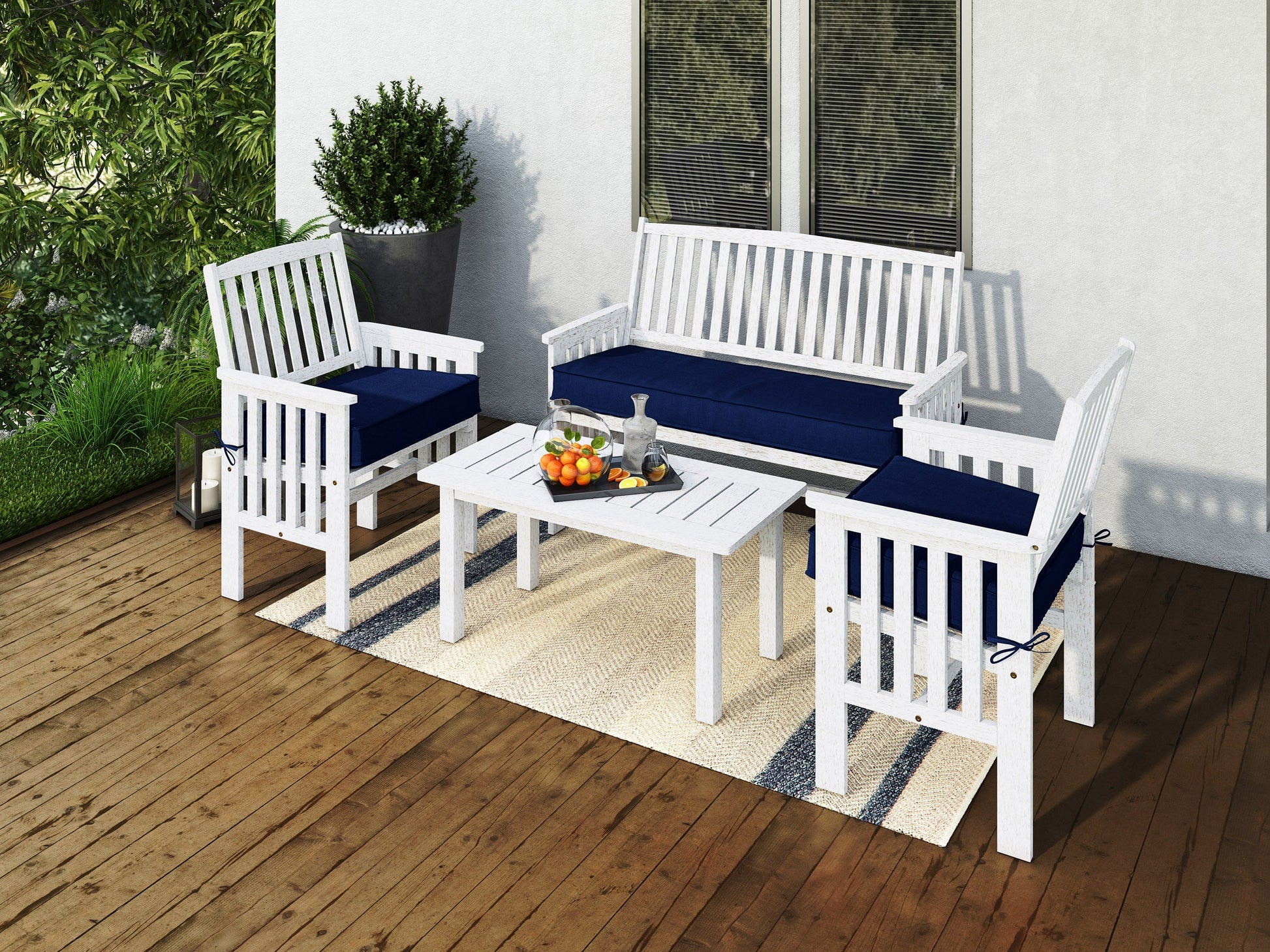 Washed white wooden patio conversation set, 4-piece with cushioned seats and a modern design.