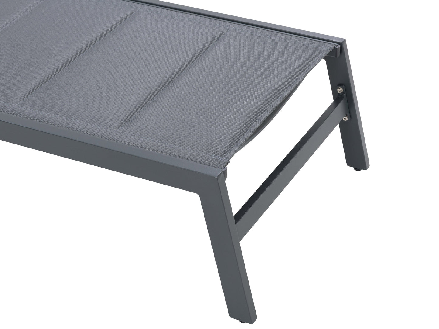 Grey reclining patio lounge chair with cushioned seat, adjustable backrest, and durable metal frame.