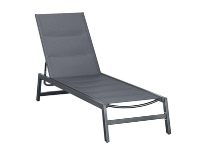 Grey reclining patio lounge chair with cushion, featuring a sleek design and durable materials for outdoor relaxation.