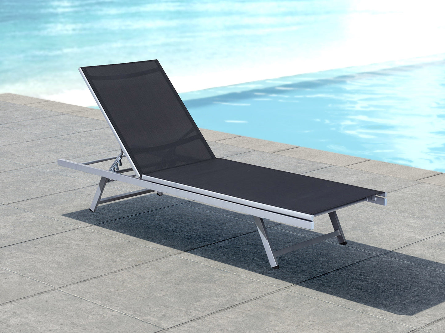 Black recliner patio lounge chair with cushioned seat, adjustable backrest, and weather-resistant fabric.