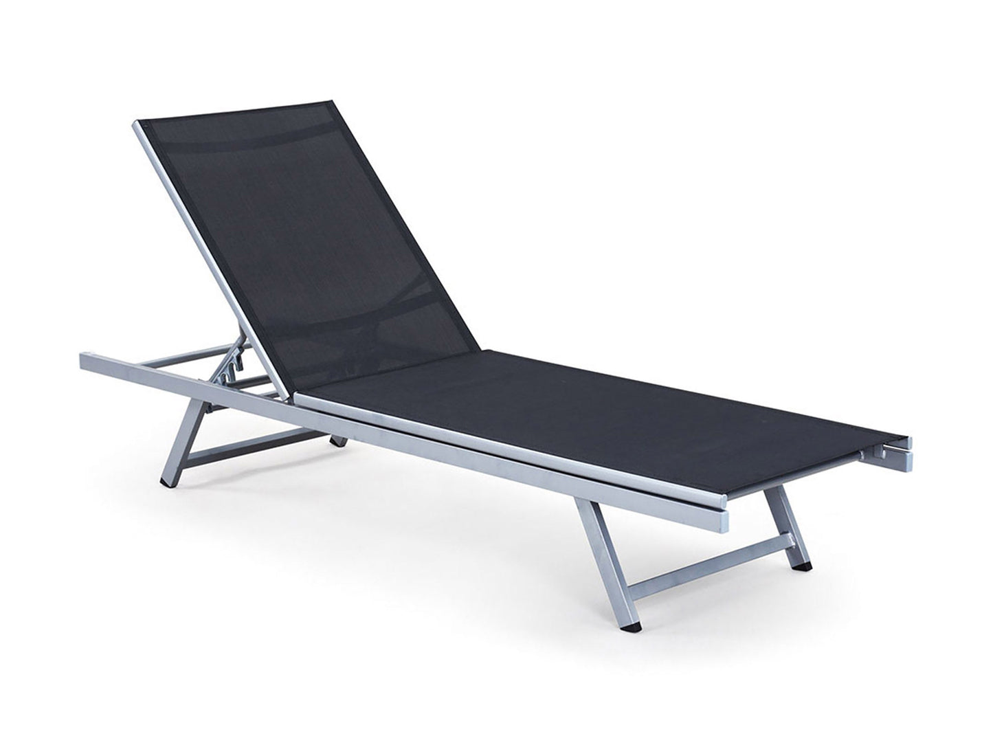 Black patio recliner lounge chair with adjustable backrest, weather-resistant fabric, and sleek aluminum frame.