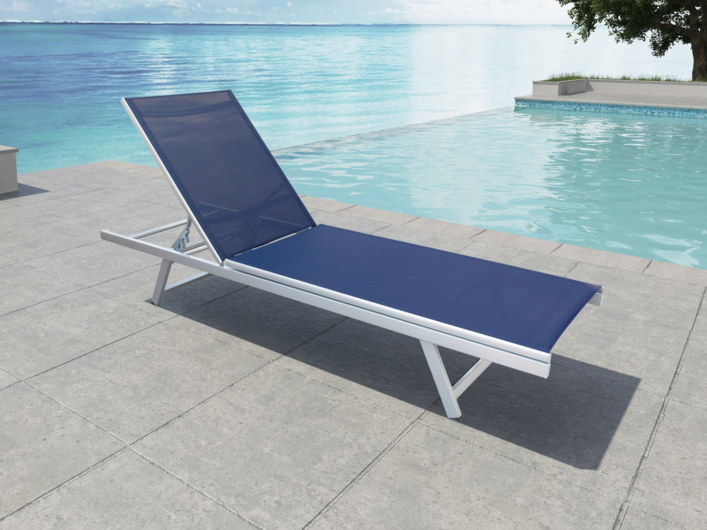 Blue patio recliner lounge chair with cushioned seat, adjustable backrest, and sturdy metal frame.