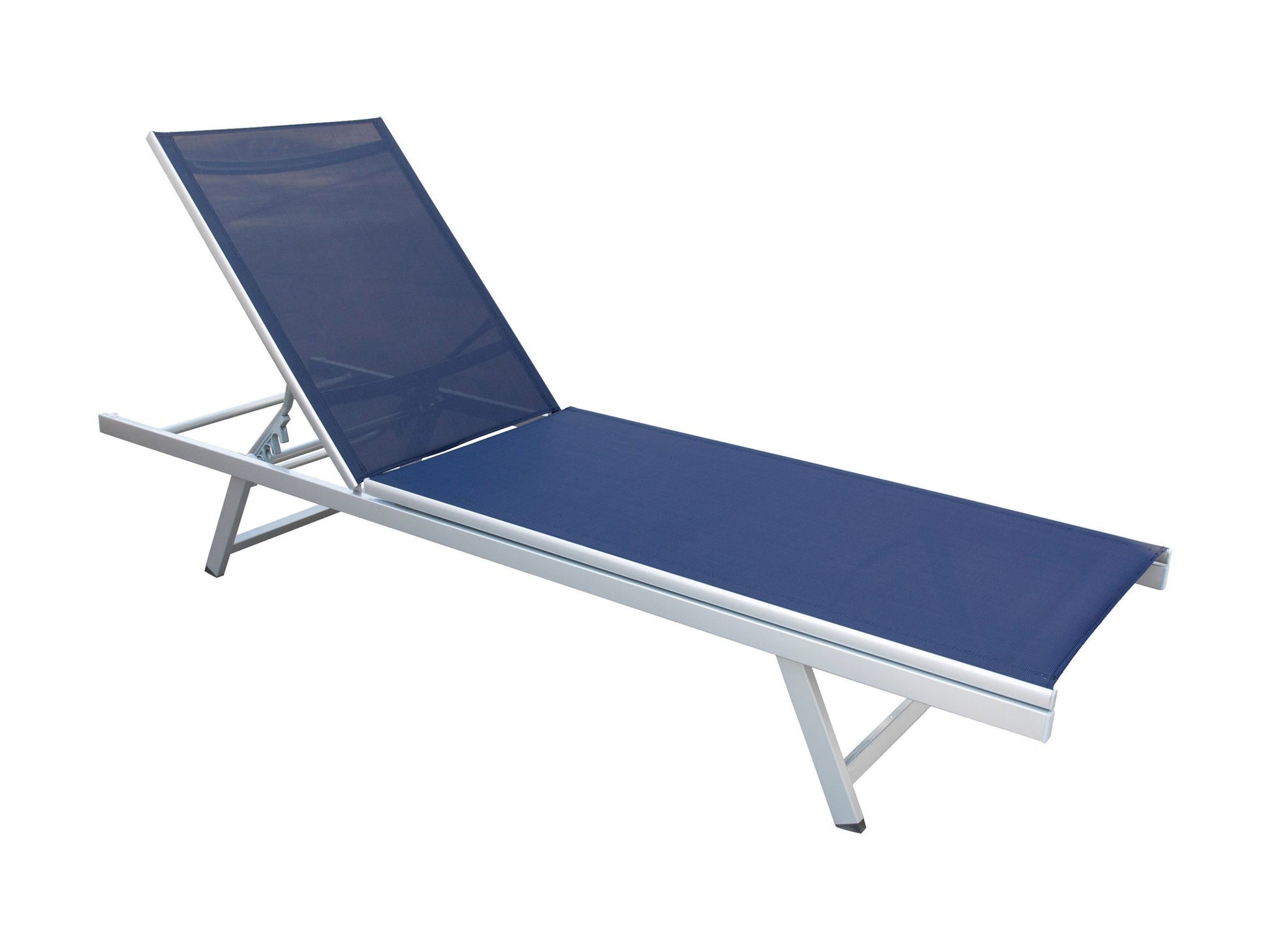 Blue recliner patio lounge chair with cushioned seat, adjustable backrest, and durable metal frame.