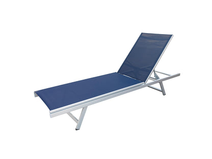 Blue recliner lounge chair with cushioned seat, adjustable backrest, and weather-resistant fabric for patio use.