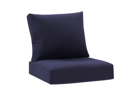 Navy blue patio replacement cushion set, 2-piece, weather-resistant fabric, fits standard outdoor chairs.