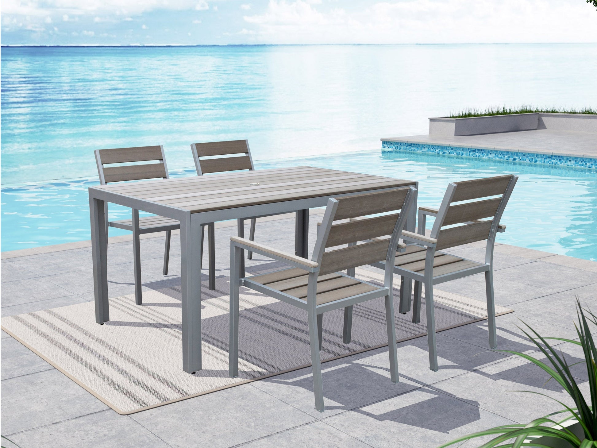 Grey patio dining chairs, set of 4, with woven backrests, metal frames, and cushioned seats for outdoor use.