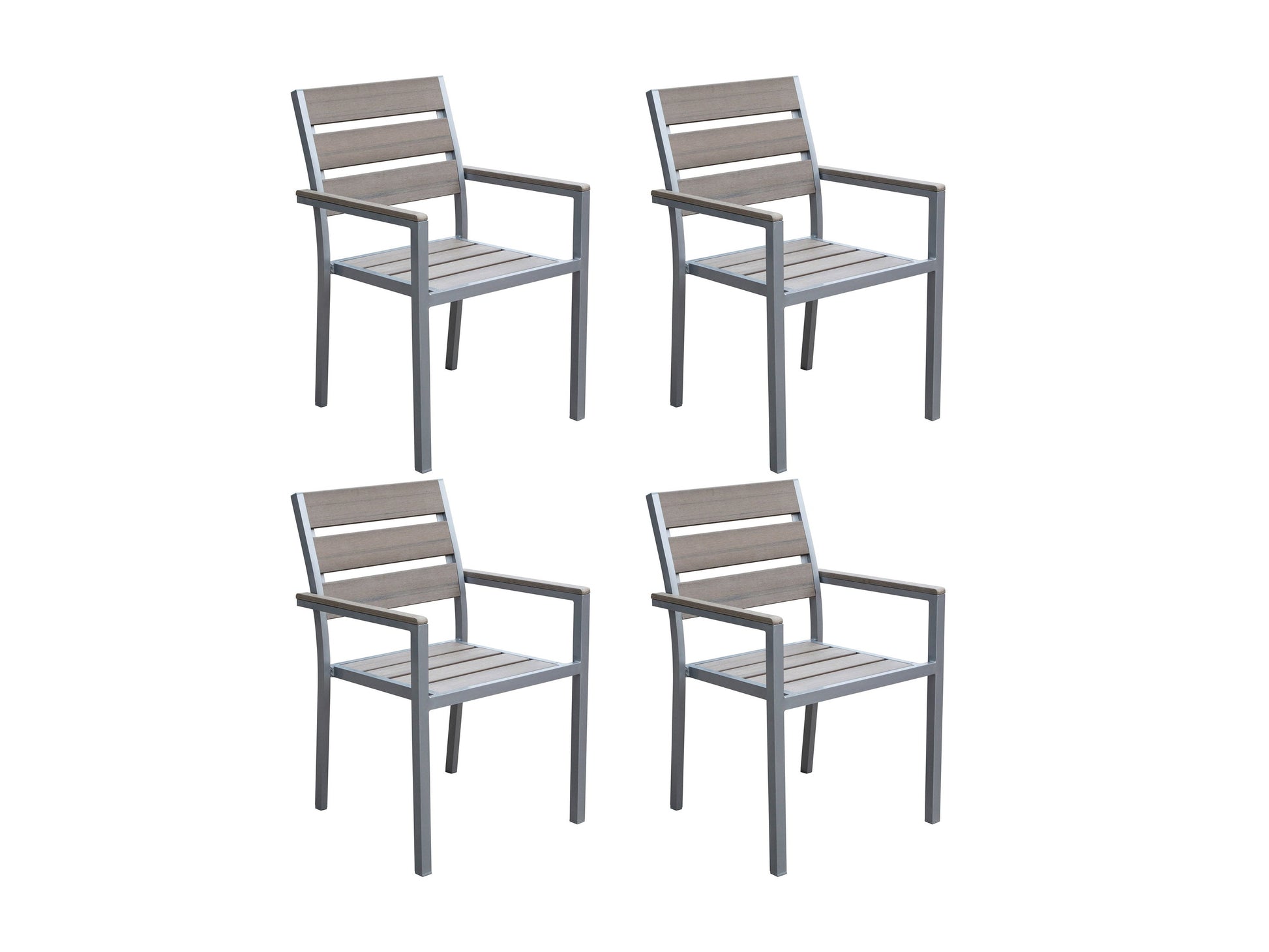 Set of 4 grey patio dining chairs with cushioned seats, metal frames, and modern design.