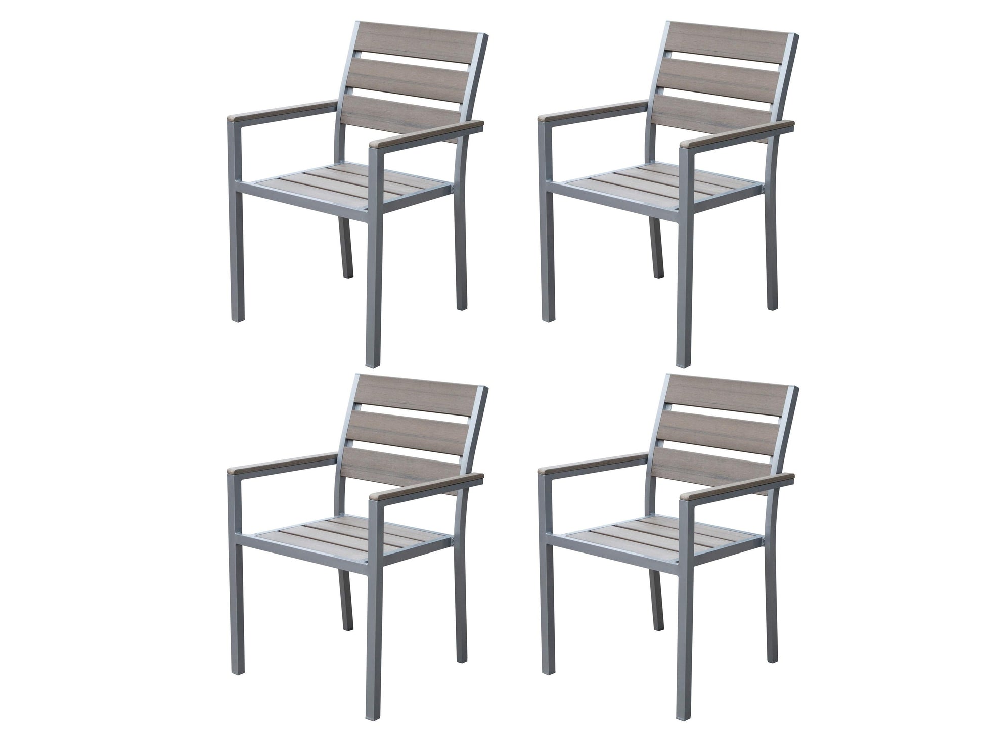 Set of 4 grey patio dining chairs with metal frames and cushioned seats.