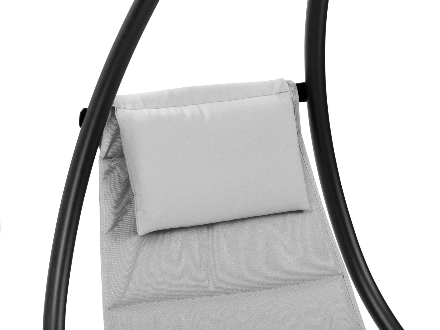 Light grey patio swing lounge chair with cushioned seat, adjustable canopy, and sturdy metal frame.