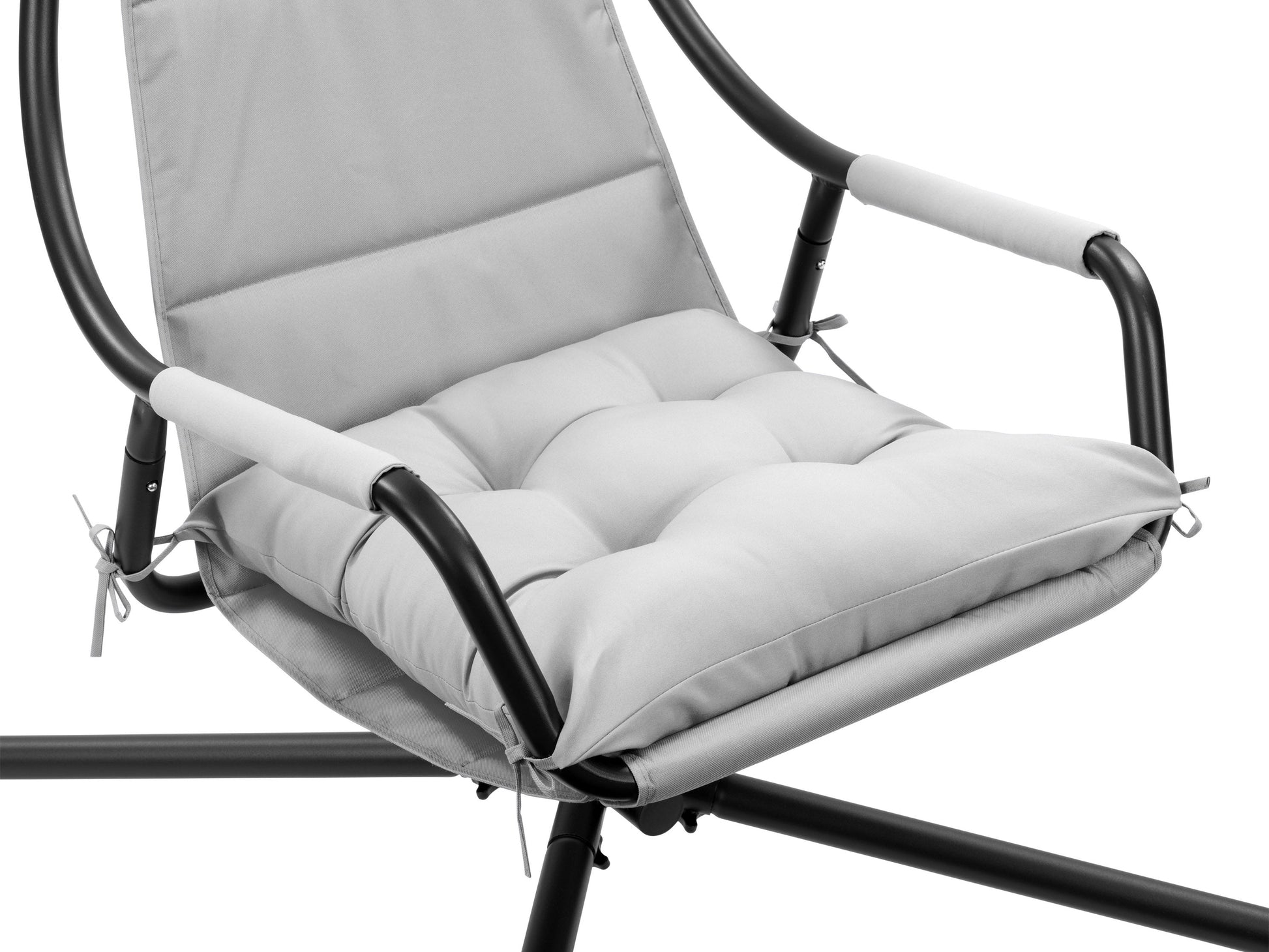 Light grey swing lounge chair with cushioned seat, durable frame, and weather-resistant fabric for patio use.