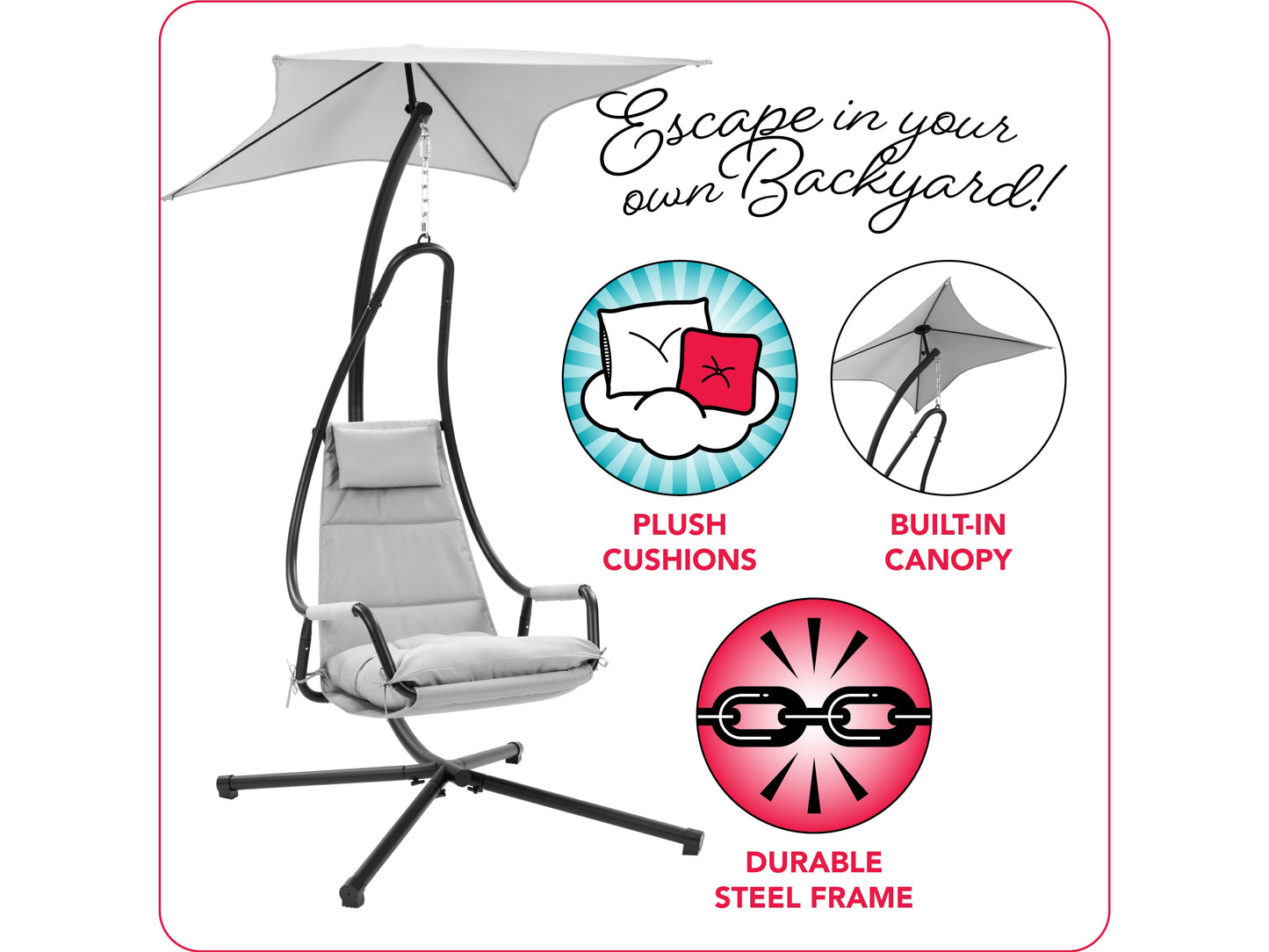 Light grey swing lounge chair with cushioned seat, metal frame, and canopy for patio relaxation.