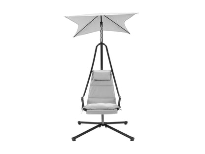 Light grey patio swing lounge chair with plush cushions and sturdy metal frame.