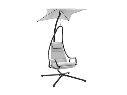 Light grey patio swing lounge chair with cushioned seat, durable frame, and modern design.