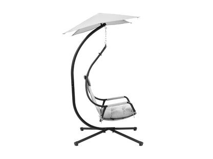 Light grey patio swing lounge chair with adjustable canopy, cushioned seat, and sturdy metal frame.