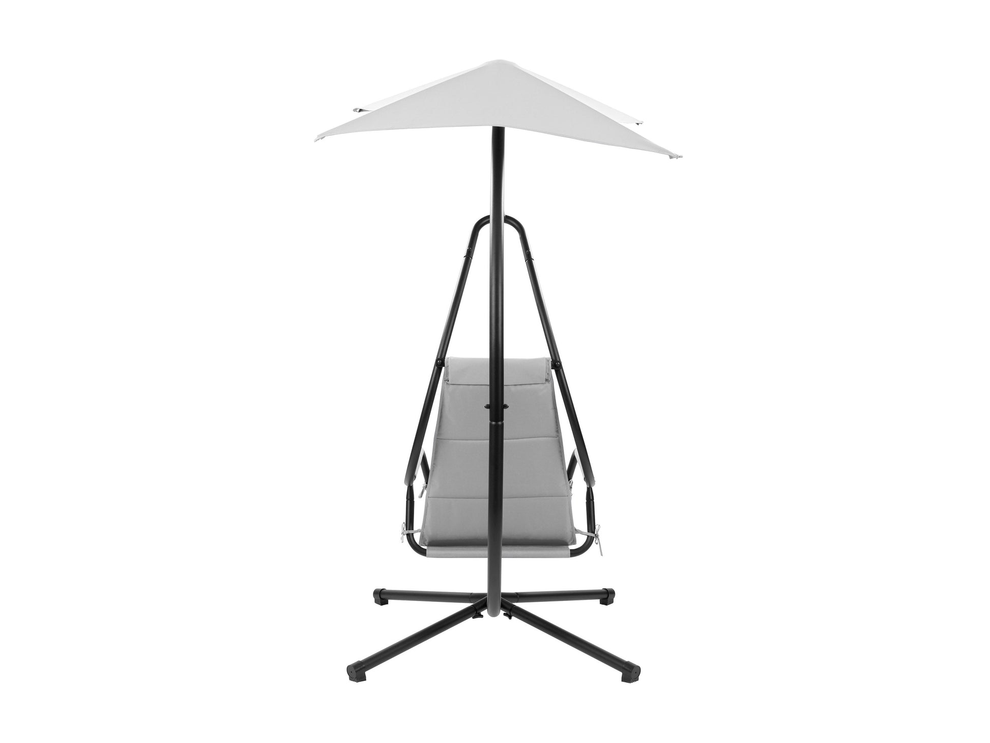 Light grey patio swing lounge chair with cushioned seat, metal frame, and canopy for outdoor relaxation.