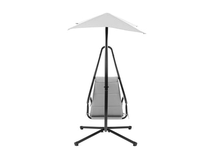 Light grey patio swing lounge chair with cushioned seat, metal frame, and canopy for outdoor relaxation.